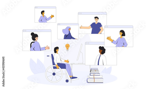 Online education. Digital learning. People talking to each about science. Teacher and students. Internet webinar or online video training. Seminar.