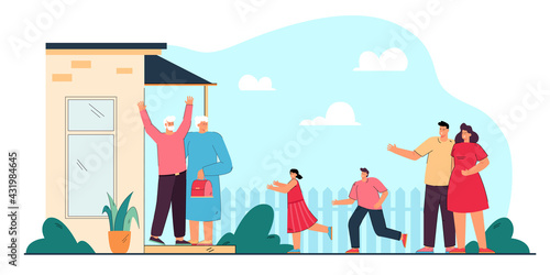 Young parents bringing children to grandparents. Flat vector illustration. Happy grandparents standing on porch, welcoming grandson and granddaughter running towards. Family, meeting, holiday concept