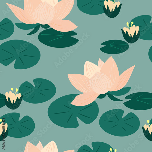 Seamless pattern with lotus and water lily in pond
