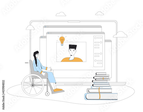 Home schooling. Online personal education for teenagers. Digital inclusion learning. Video course. Vector concept illustration.