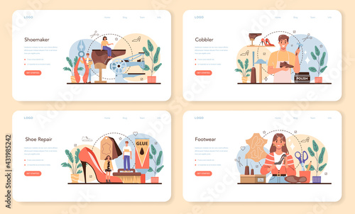 Shoemaker web banner or landing page set. Craftsman wearing an apron