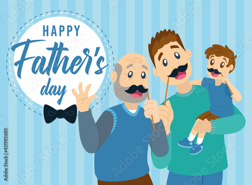 Grandfather father and son playing with mustaches