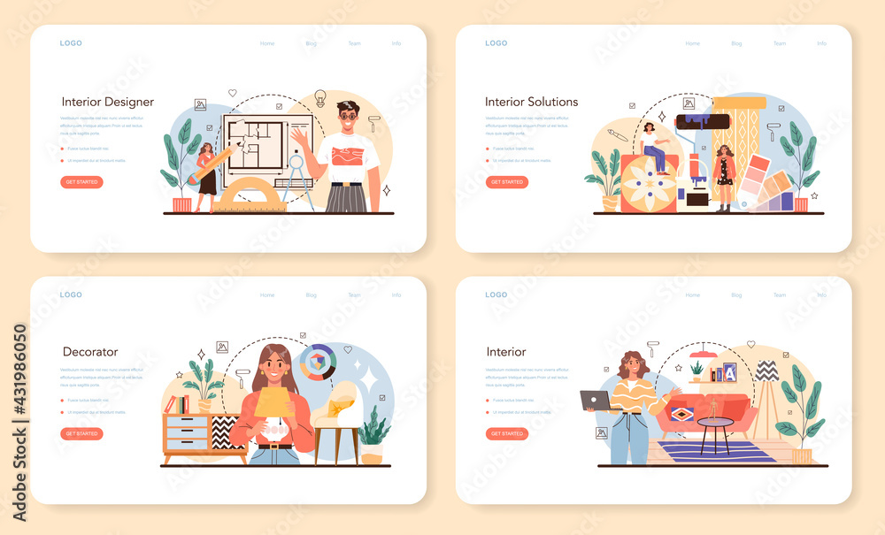 Professional interior designer web banner or landing page set. Decorator Professional interior designer web banner or landing page set. Decorator
