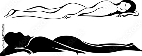 Two women lying down. Ink vector illustration for logo or branding