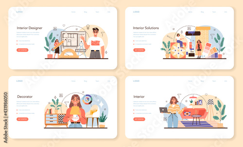 Professional interior designer web banner or landing page set. Decorator