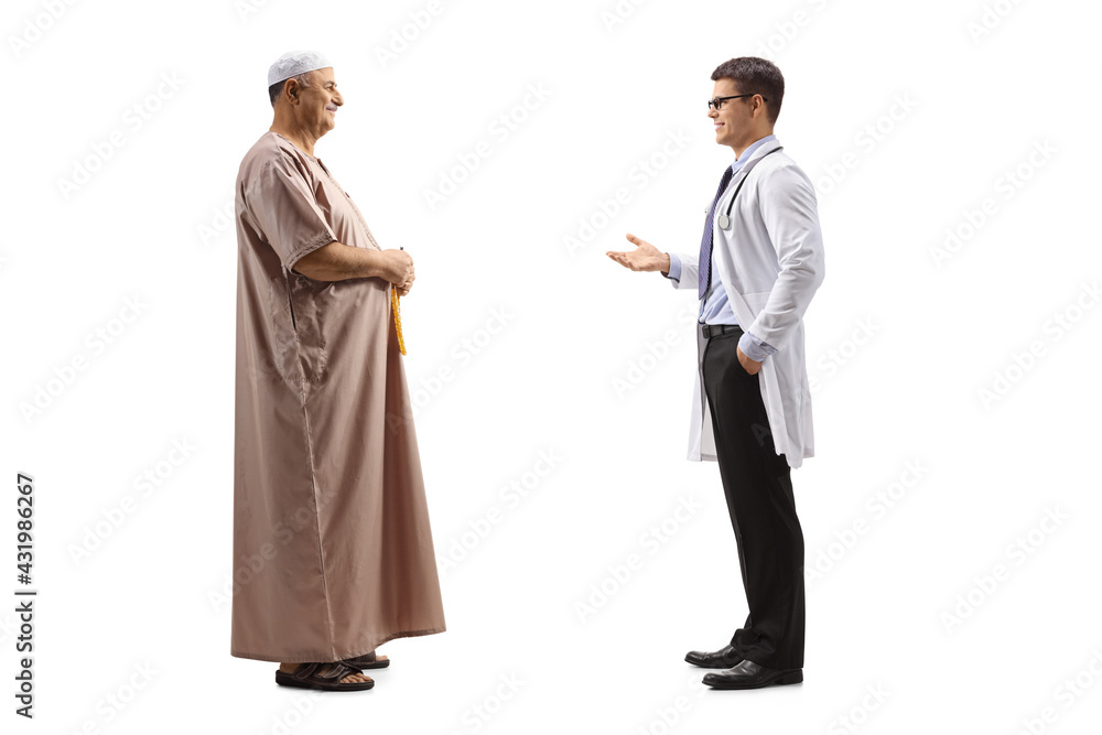 Full length profile shot of a mature muslim man and a doctor having a conversation Full length profile shot of a mature muslim man and a doctor having a conversation