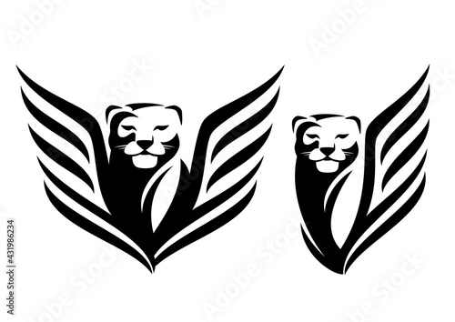 mythical winged lioness or puma black and white vector outline portrait - animal head and bird wings simple monochrome design set
