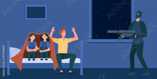 Burglar with gun threatening family. Cartoon criminal with weapon, father raising hands, children hiding under blanket flat vector illustration. Robbery, security concept for banner, website design
