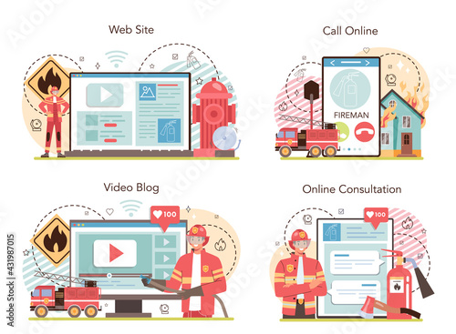 Firefighter online service or platform set. Professional fire brigade