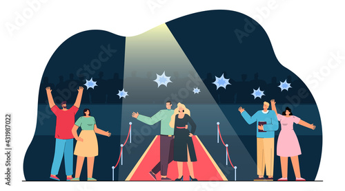 Celebrity couple walking red carpet. Flat vector illustration. Young movie stars on red carpet with paparazzi in background. Fame, ceremony, show, event, celebrity concept for banner design