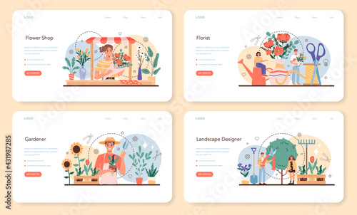 Florist web banner or landing page set. Floral designer making bouquet