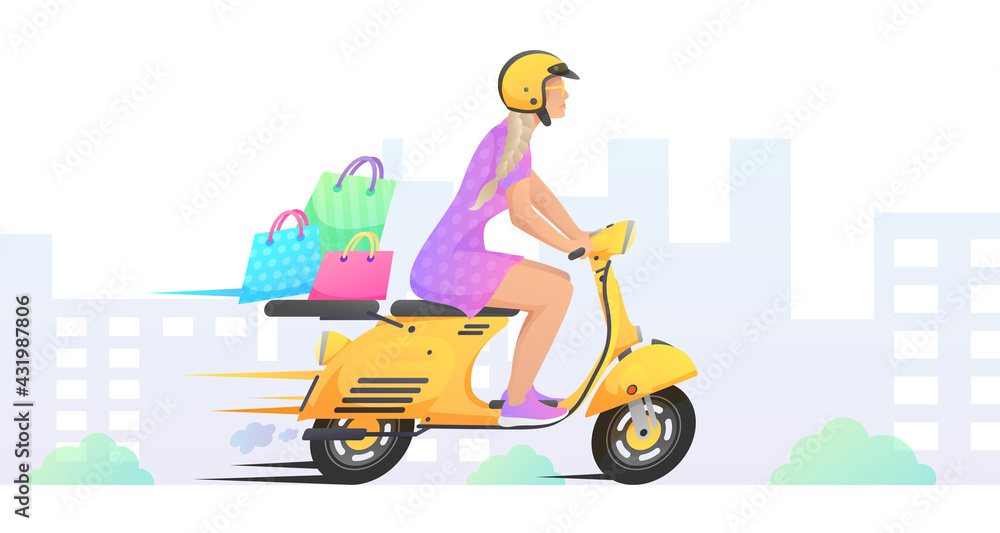 Yellow fast retro scooter, moped, motorbike with woman, girl in purple dress and bags, isolated on white background. Vector illustration for design, flyer, poster, banner, web, advertising.