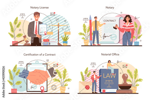 Notary service concept set. Professional lawyer signing and legalizing paper
