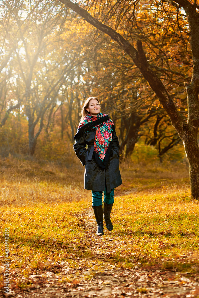 Attractive smiling woman has walk in autumn park on sunny day Attractive smiling woman has walk in autumn park on sunny day