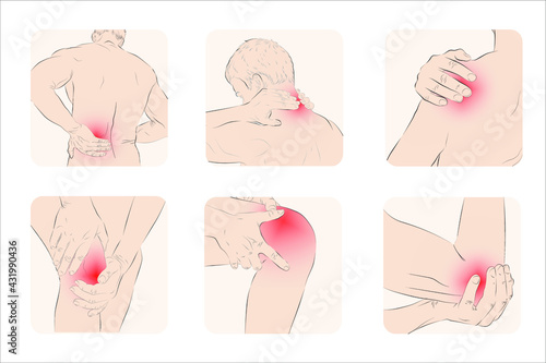 Body ache, Office syndrome The picture shows pain at various points of the body of men and women, showing neck pain, back, shoulder, calf pain.