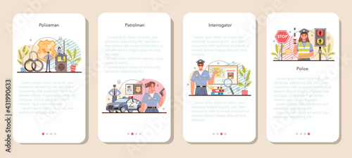 Police officer mobile application banner set. Detective making interrogation