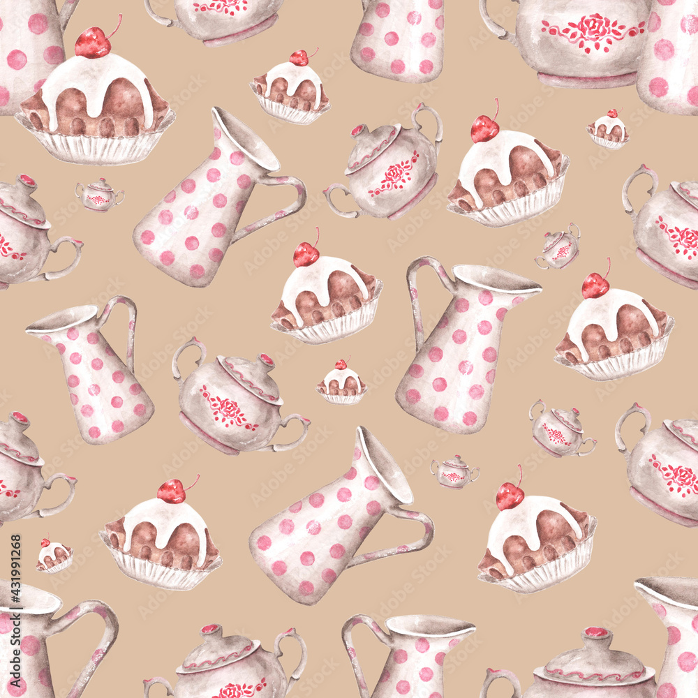 Kitchen utensils watercolor seamless pattern. A jug with polka dots. Sugar bowl with painted flowers. Cherry cake. Vintage. Baking pattern. On a beige background. For printing on wrapping paper Kitchen utensils watercolor seamless pattern. A jug with polka dots. Sugar bowl with painted flowers. Cherry cake. Vintage. Baking pattern. On a beige background. For printing on wrapping paper