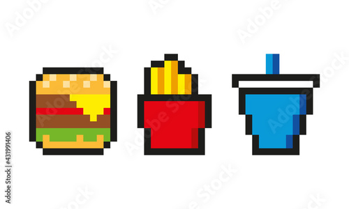 burger with cheese lettuce tomato french fries with box soda cup trio combo fast food pixel art 8 bits retro classic vintage design for web pages, apps, menus, social media, animation and advertising
