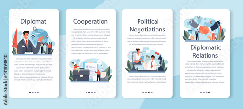 Diplomat profession mobile application banner set. Idea of international