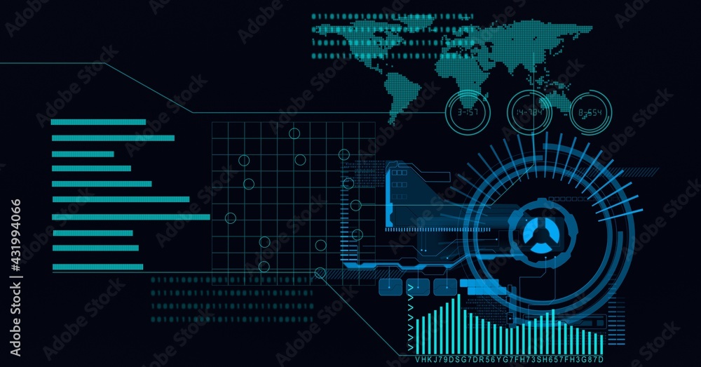 Obraz premium Animation of scope scanning, data processing and world map on black background