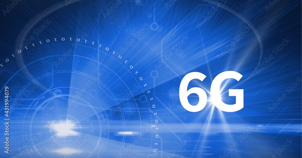 Naklejka premium Composition of 6g text over scope and binary coding on blue background