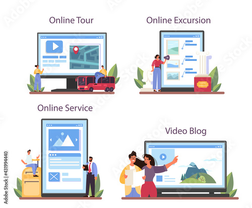 Tour vacation guide online service or platform set. Tourists listening