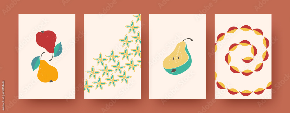 Fototapeta premium Set of art posters with colorful pears and leaves. Vector illustration. Colorful collection of natural elements. Nature, fruit, flower concept for social media, postcards, invitation cards