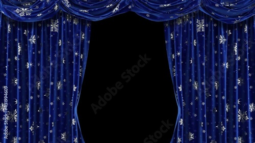 Animation of a blue velvet curtain with snowflakes and a black and white mask to create a transparent background. High-quality 4K animation.