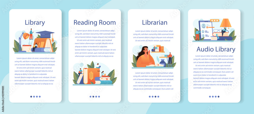 Librarian mobile application banner set. Library staff cataloguing