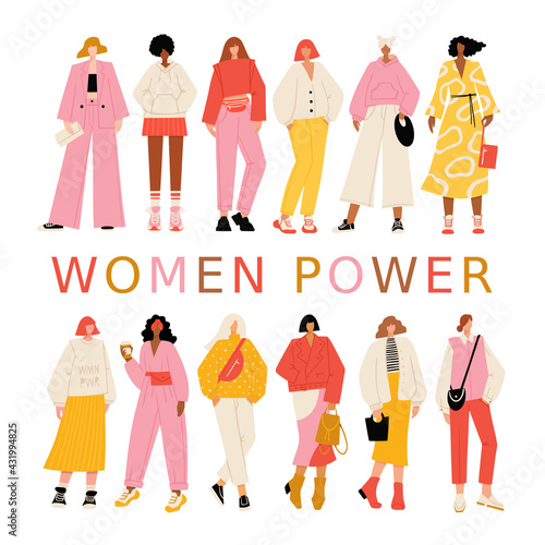 Variety of diverse young modern women wearing trendy clothes. Casual city street style fashion outfits. Woman power concept poster. Hand drawn characters colorful vector illustration with text.