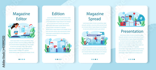 Magazine editor mobile application banner set. Journalist and designer working