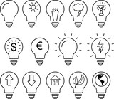 Lightbulbs black outline icons set. Vector illustration for web, corporate, presentations, companies.