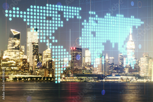 Multi exposure of abstract graphic world map on Manhattan cityscape background, big data and networking concept