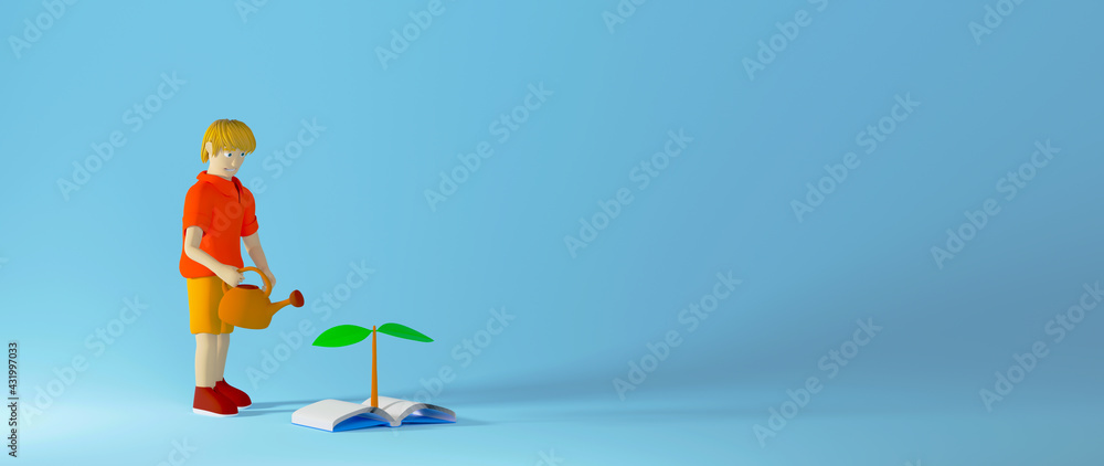 Education concept. 3d of book and kid on blue background. Modern flat design isometric concept of Education. Back to school.