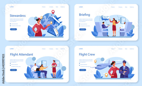 Stewardess web banner or landing page set. Flight attendants help passenger