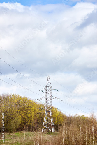 Wallpaper Mural High voltage electric high voltage electric transmission power tower with electric glass insulator of over cloudy stormy dark sky near spring forest. Vertical shot. Torontodigital.ca