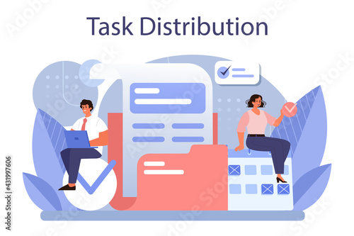 Task distribution concept. Interaction of departments, business teamwork