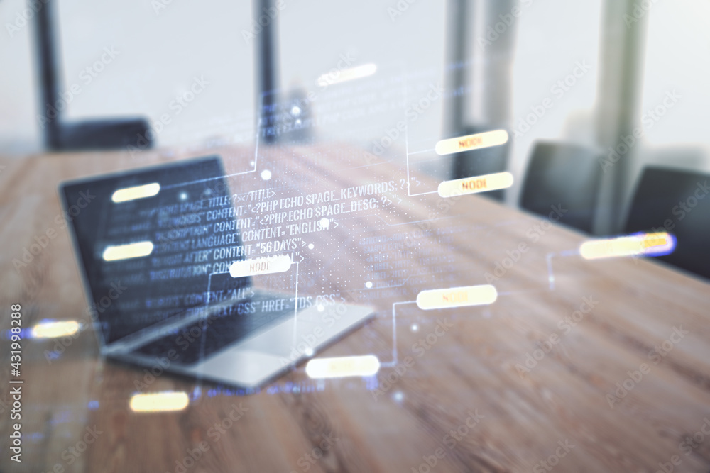 Double exposure of abstract creative programming illustration on computer background, big data and blockchain concept Double exposure of abstract creative programming illustration on computer background, big data and blockchain concept