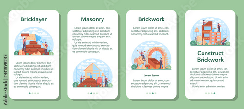 Bricklayer mobile application banner set. Professional builder constructing