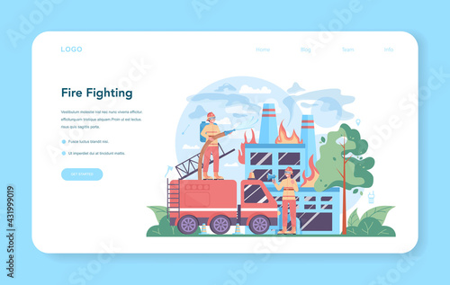 Fireman web banner or landing page. Professional fire brigade firhting