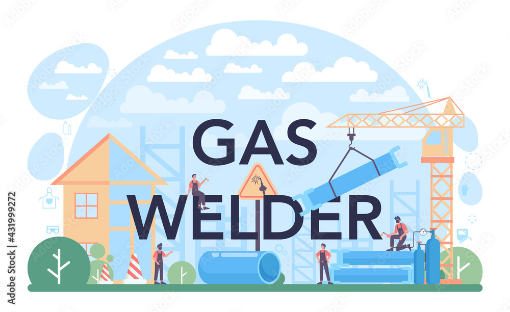 Gas welder typographic header. Professional welder in protective mask
