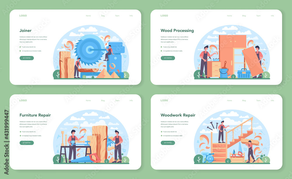 Fototapeta premium Joiner or carpenter web banner or landing page set. Wooden furniture