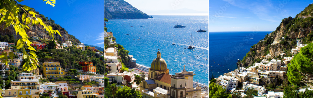 Collage of city and sea on the sunny day. Positano.Italy.