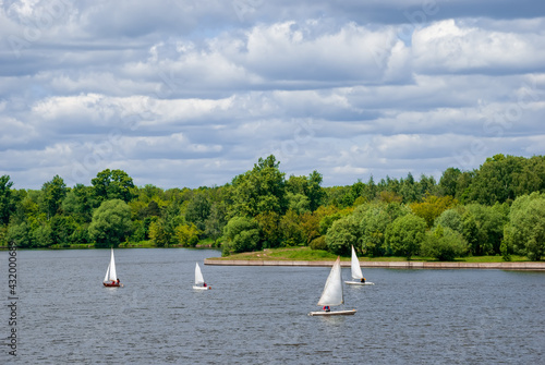 Yachts with white sails compete on the lake.