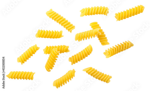 Spiral pasta fly on a white background. Isolated