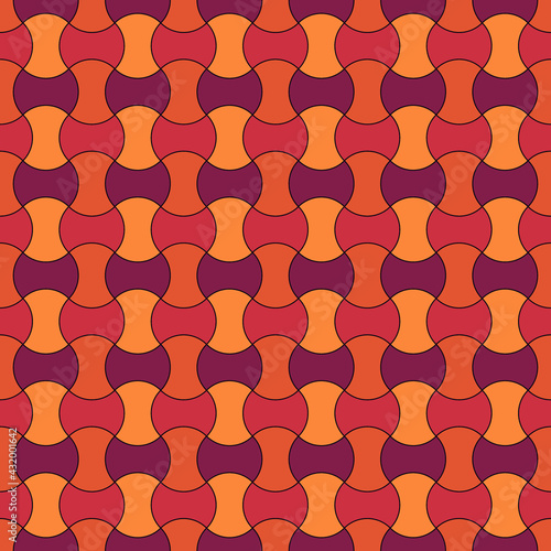 Seamless pattern. Apple core quilts texture. Ethnic ornament. Patchwork motif. Geometric backdrop. Color axehead figures background. Digital paper. Hammerhead shapes wallpaper. Vector.