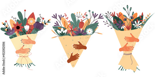 Women's hands hold a bouquet of flowers. Spring composition. Greeting card isolated on a white background. A set of gifts in the form of a bouquet of flowers. Colorful vector illustration. EPS 10