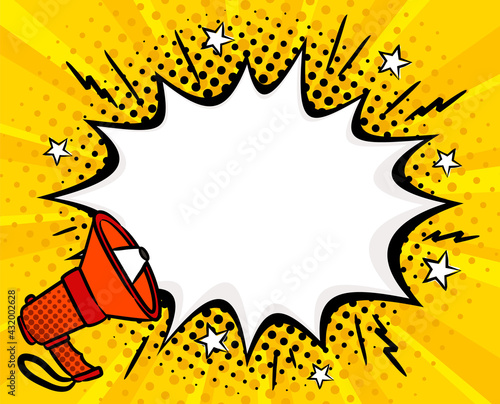 Bright comic empty speech bubble with shout in popart style. White box for text in the shape of a explosion and stars. Cartoon Vector illustration. Template for offer, announcement or discount.