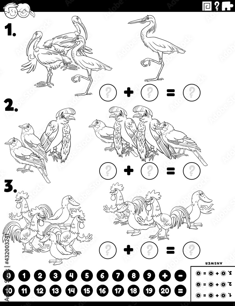 maths addition educational task with cartoon birds maths addition educational task with cartoon birds