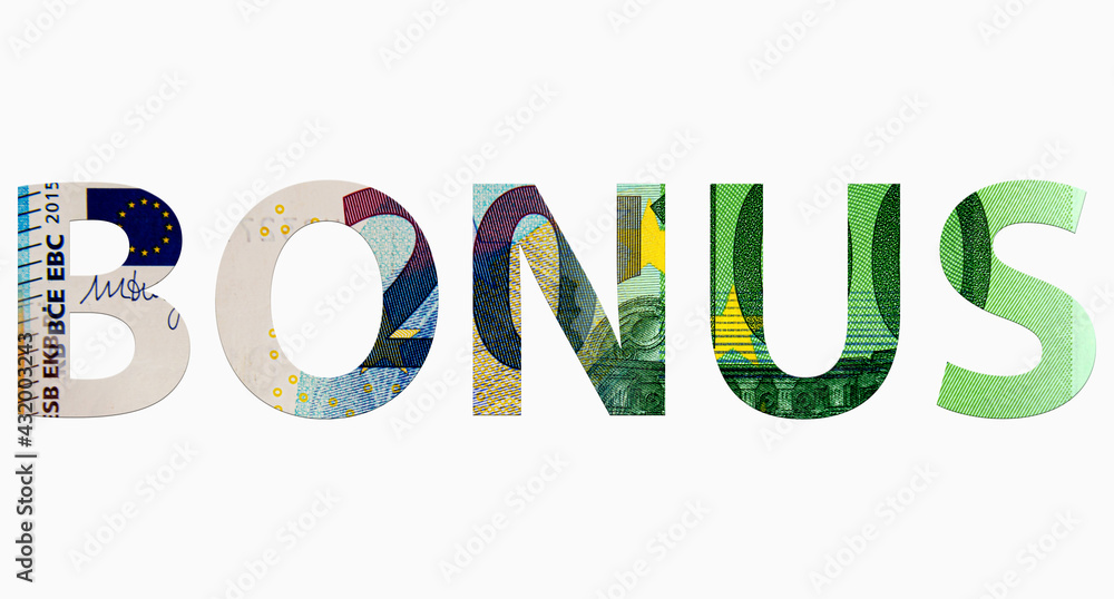 word BONUS from euro banknotes on white background, money texture word BONUS from euro banknotes on white background, money texture